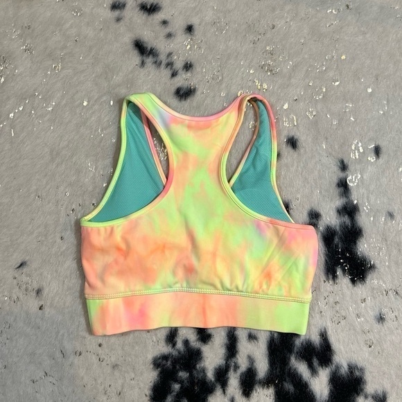 Zenana Women’s Pink and Neon Yellow Tie Dye Razor Back Activewear Sports Bra - Picture 2 of 3